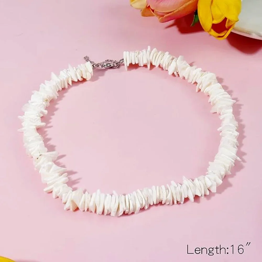 White Puka Shell Necklace, Hawaiian Style Clam Chip Surfer Necklace - Picture 1 of 7